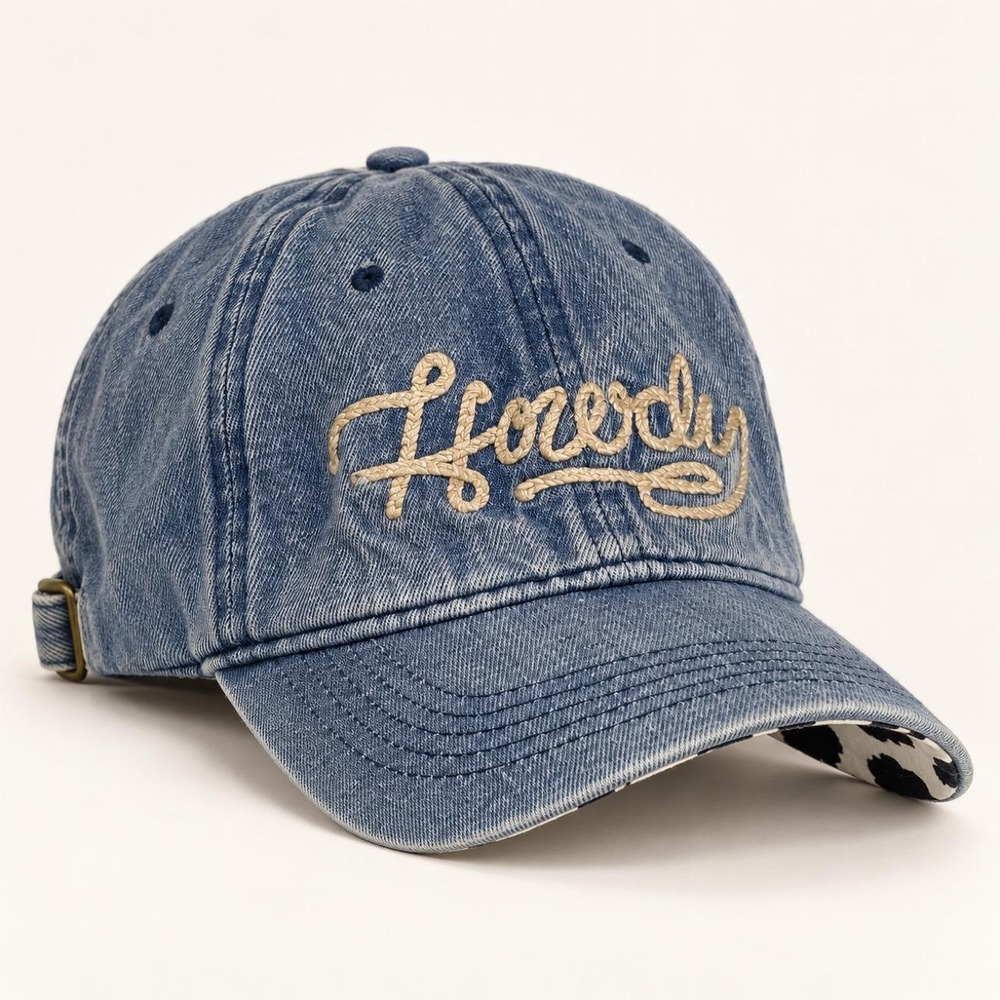 Howdy Washed Denim Cow Print Baseball Cap
